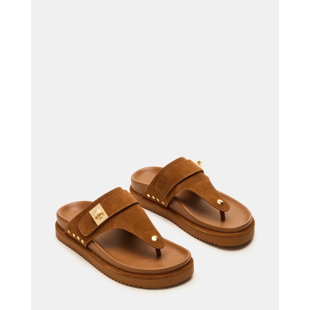 Steve Madden Thona Brown Suede Platform Thong Sandals Gold Hardware 8M SF3044